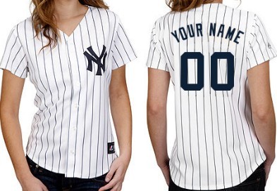 Personalized Women’s New York Yankeesized White With Navy Blue Pinstripe Jersey