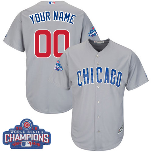 Personalized Men’sized MLB Majestic Road Chicago Cubs 2016 World Series Champions Cool Base Grey Jersey