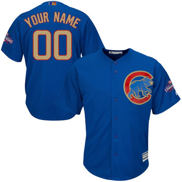 Personalized Cubs Blue World Series Champions Gold Program Cool Base Men’sized Jersey
