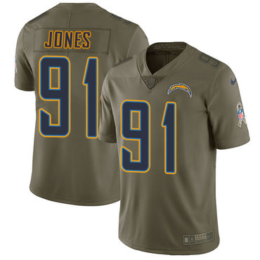 Personalized Chargers #91 Justin Jones Olive Men’s Stitched NFL Limited 2017 Salute To Service Jersey