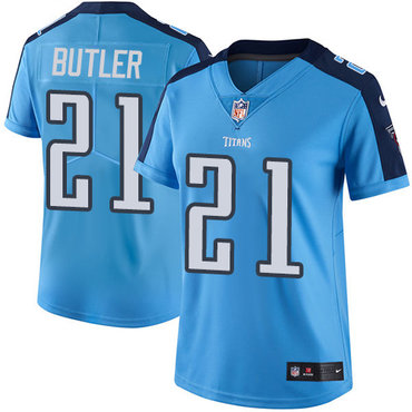 Personalized Titans #21 Malcolm Butler Light Blue Women’s Stitched NFL Limited Rush Jersey