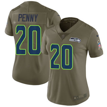 Personalized Seahawks #20 Rashaad Penny Olive Women’s Stitched NFL Limited 2017 Salute to Service Jersey