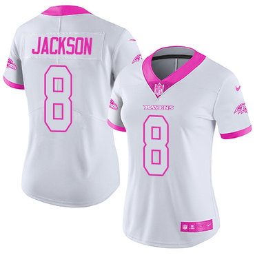 Personalized Ravens #8 Lamar Jackson White Pink Women’s Stitched NFL Limited Rush Fashion Jersey