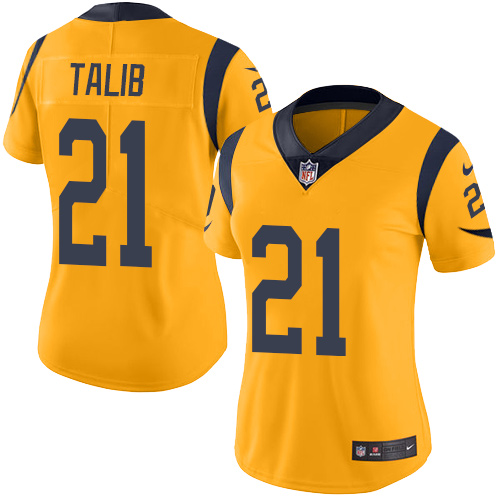Personalized Rams #21 Aqib Talib Gold Women’s Stitched NFL Limited Rush Jersey