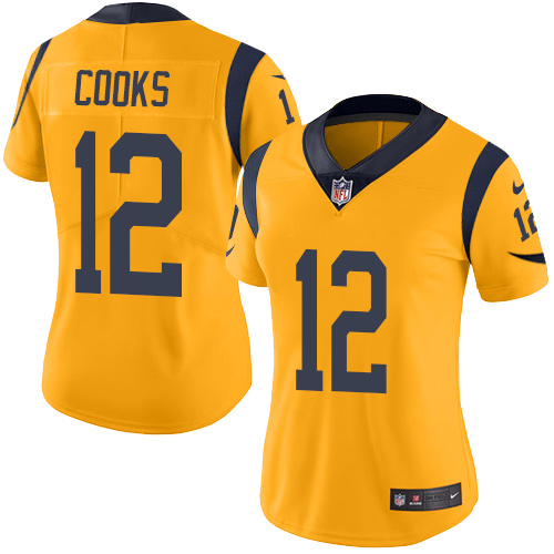 Personalized Rams #12 Brandin Cooks Gold Women’s Stitched NFL Limited Rush Jersey