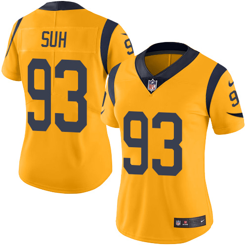 Personalized Rams #93 Ndamukong Suh Gold Women’s Stitched NFL Limited Rush Jersey