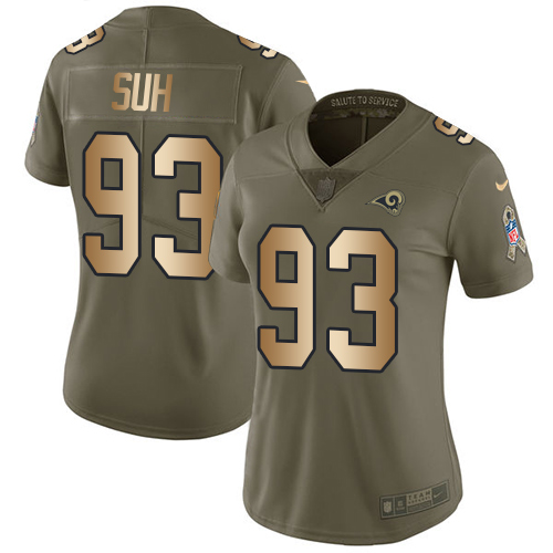 Personalized Rams #93 Ndamukong Suh Olive Gold Women’s Stitched NFL Limited 2017 Salute to Service Jersey