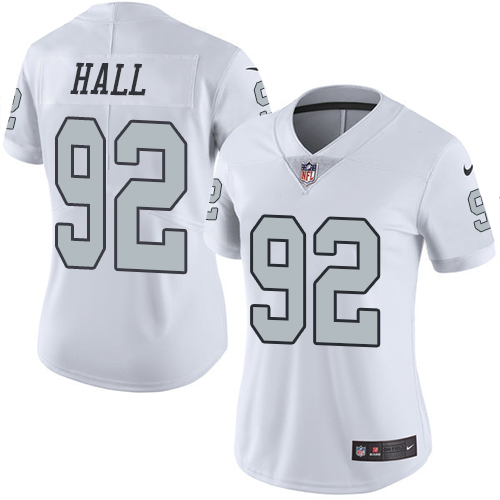 Personalized Raiders #92 P.J. Hall White Women’s Stitched NFL Limited Rush Jersey