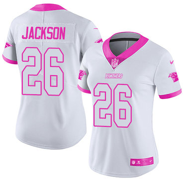Personalized Panthers #26 Donte Jackson White Pink Women’s Stitched NFL Limited Rush Fashion Jersey