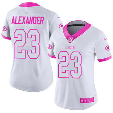 Personalized Packers #23 Jaire Alexander White Pink Women’s Stitched NFL Limited Rush Fashion Jersey