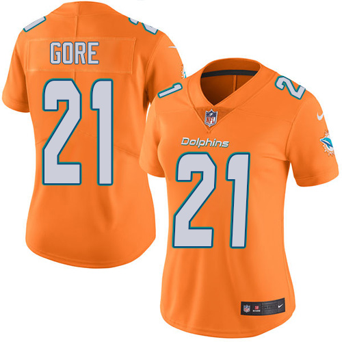 Personalized Dolphins #21 Frank Gore Orange Women’s Stitched NFL Limited Rush Jersey