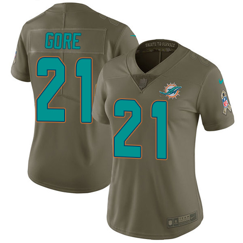 Personalized Dolphins #21 Frank Gore Olive Women’s Stitched NFL Limited 2017 Salute to Service Jersey