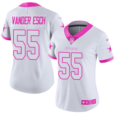 Personalized Cowboys #55 Leighton Vander Esch White Pink Women’s Stitched NFL Limited Rush Fashion Jersey