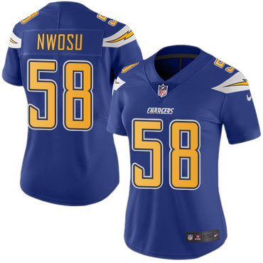 Personalized Chargers #58 Uchenna Nwosu Electric Blue Women’s Stitched NFL Limited Rush Jersey