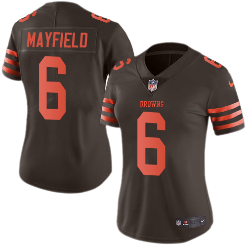 Personalized Browns #6 Baker Mayfield Brown Women’s Stitched NFL Limited Rush Jersey