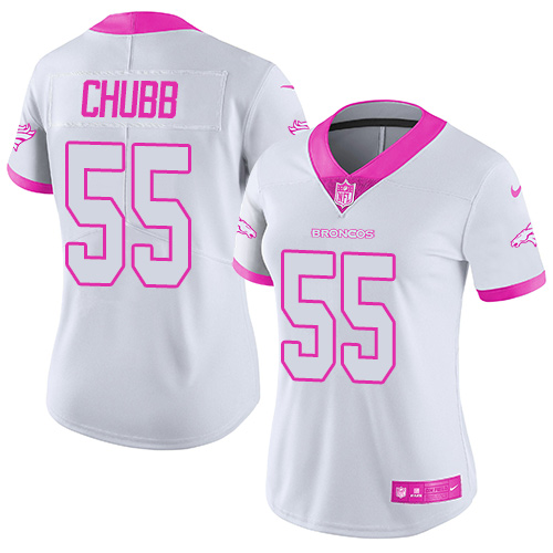Personalized Broncos #55 Bradley Chubb White Pink Women’s Stitched NFL Limited Rush Fashion Jersey