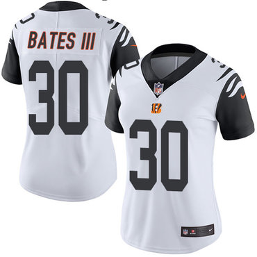 Personalized Bengals #30 Jessie Bates III White Women’s Stitched NFL Limited Rush Jersey