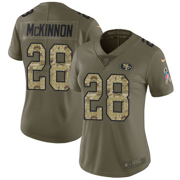 Personalized 49ers #28 Jerick McKinnon Olive Camo Women’s Stitched NFL Limited 2017 Salute to Service Jersey