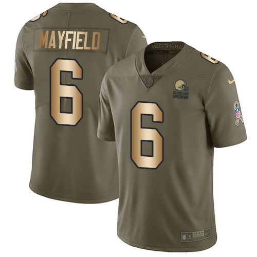 Personalized Browns #6 Baker Mayfield Olive Gold Youth Stitched NFL Limited 2017 Salute to Service Jersey