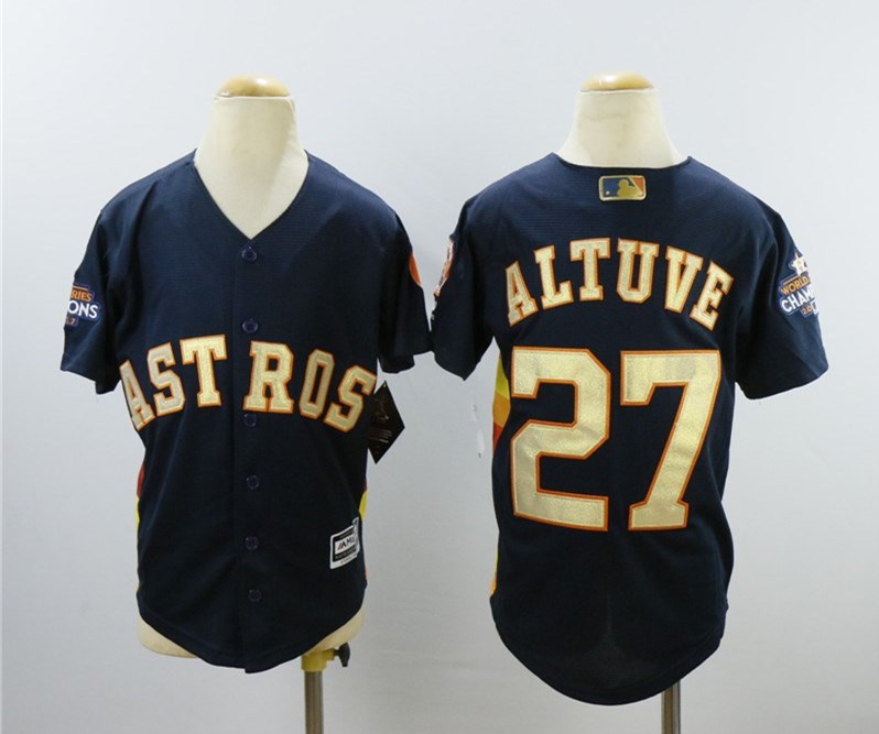 Personalized Youth Astros 27 Jose Altuve Navy Youth 2018 Gold Program Cool Base Jersey