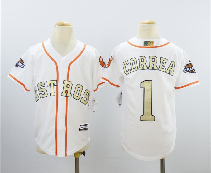 Personalized Youth Astros 1 Carlos Correa White Youth 2018 Gold Program Cool Base Jersey