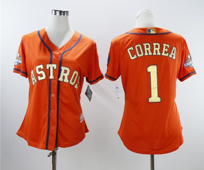 Personalized Women Astros 1 Carlos Correa Orange Women 2018 Gold Program Cool Base Jersey