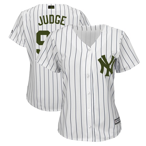 Personalized Yankees #99 Aaron Judge White Strip 2018 Memorial Day Cool Base Women’s Stitched MLB Jersey