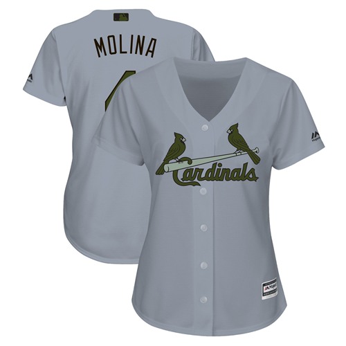 Personalized Women’s Cardinals #4 Yadier Molina Grey 2018 Memorial Day Cool Base Women’s Stitched Baseball Jersey