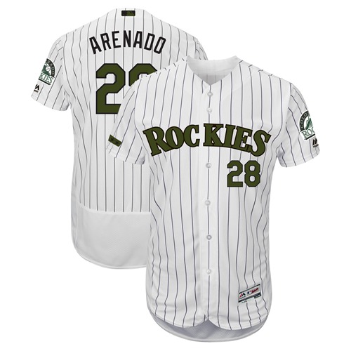 Personalized Rockies #28 Nolan Arenado White Strip Flexbase Authentic Collection 2018 Memorial Day Stitched Baseball Jersey