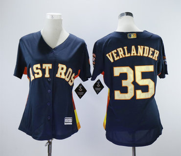 Personalized Women Astros 35 Justin Verlander Navy Women 2018 Gold Program Cool Base Jersey