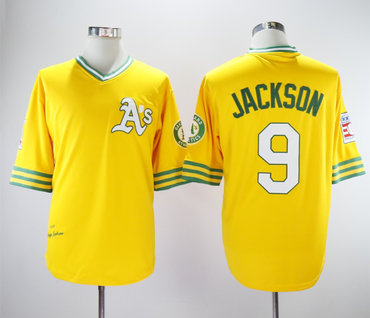 Personalized Athletics 9 Reggie Jackson Yellow Turn Back The Clock Copperstown Collection Jersey