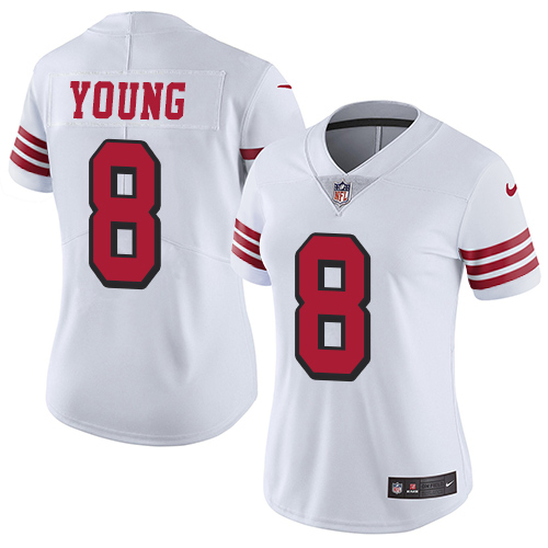 Personalized 49ers #8 Steve Young White Rush Women’s Stitched NFL Untouchable Limited Jersey