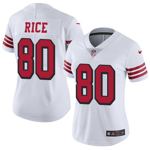 Personalized 49ers #80 Jerry Rice White Rush Women’s Stitched NFL Untouchable Limited Jersey