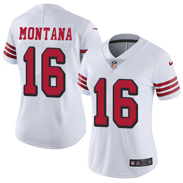 Personalized 49ers #16 Joe Montana White Rush Women’s Stitched NFL Untouchable Limited Jersey
