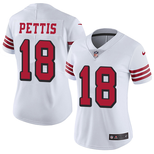 Personalized 49ers #18 Dante Pettis White Rush Women’s Stitched NFL Untouchable Limited Jersey