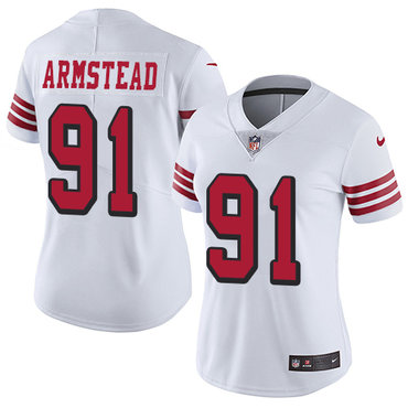 Personalized 49ers #91 Arik Armstead White Rush Women’s Stitched NFL Untouchable Limited Jersey