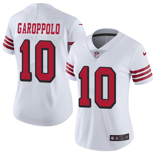Personalized 49ers #10 Jimmy Garoppolo White Rush Women’s Stitched NFL Untouchable Limited Jersey
