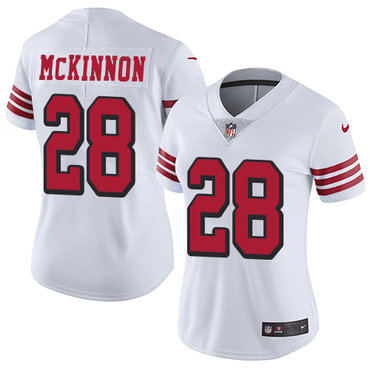 Personalized 49ers #28 Jerick McKinnon White Rush Women’s Stitched NFL Untouchable Limited Jersey