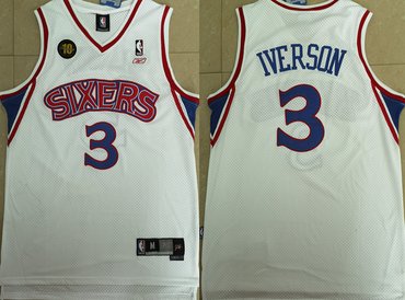 Personalized 76ers 3 Allen Iverson White 10th Anniversary Reebok Jersey