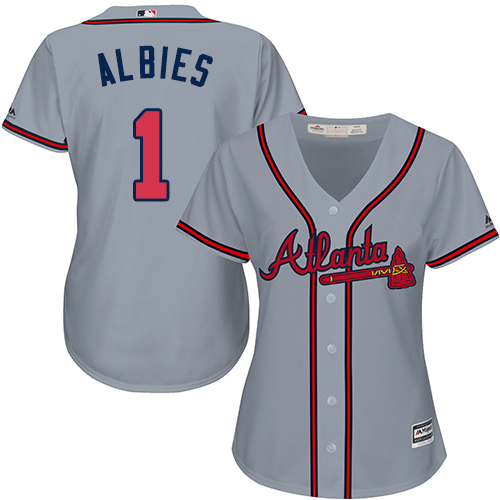 Personalized Braves #1 Ozzie Albies Grey Road Women’s Stitched Baseball Jersey