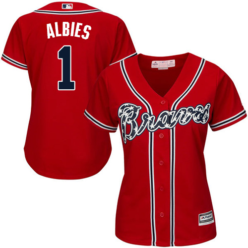 Personalized Braves #1 Ozzie Albies Red Alternate Women’s Stitched Baseball Jersey