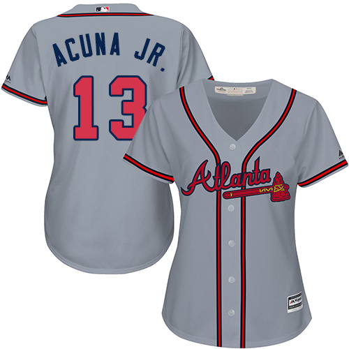 Personalized Braves #13 Ronald Acuna Jr. Grey Road Women’s Stitched Baseball Jersey
