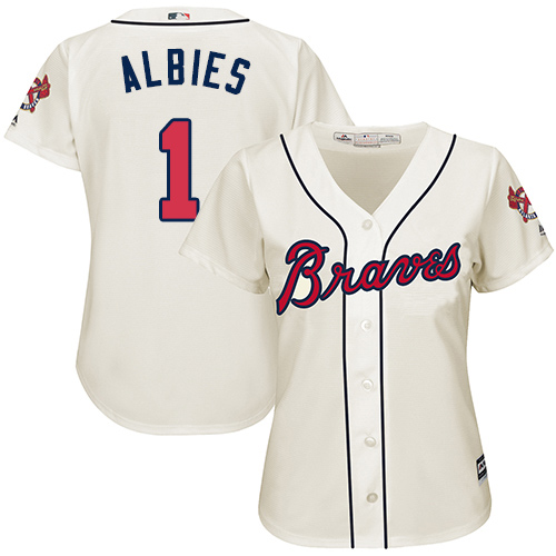 Personalized Braves #1 Ozzie Albies Cream Alternate Women’s Stitched Baseball Jersey