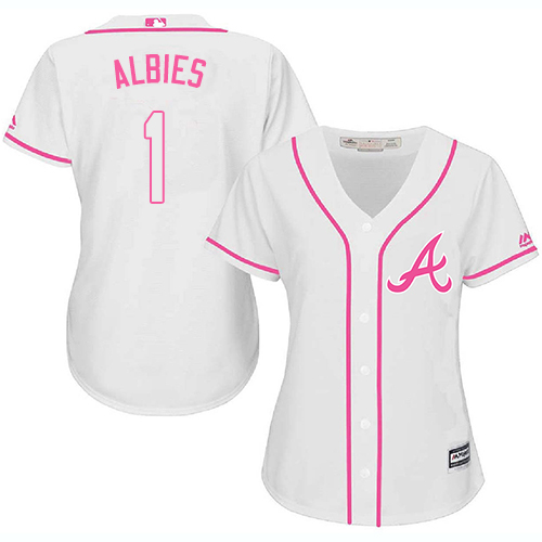 Personalized Braves #1 Ozzie Albies White Pink Fashion Women’s Stitched Baseball Jersey