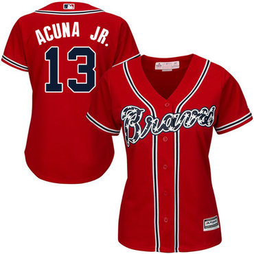 Personalized Braves #13 Ronald Acuna Jr. Red Alternate Women’s Stitched Baseball Jersey