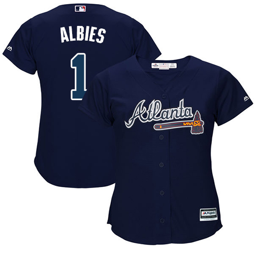 Personalized Braves #1 Ozzie Albies Navy Blue Alternate Women’s Stitched Baseball Jersey