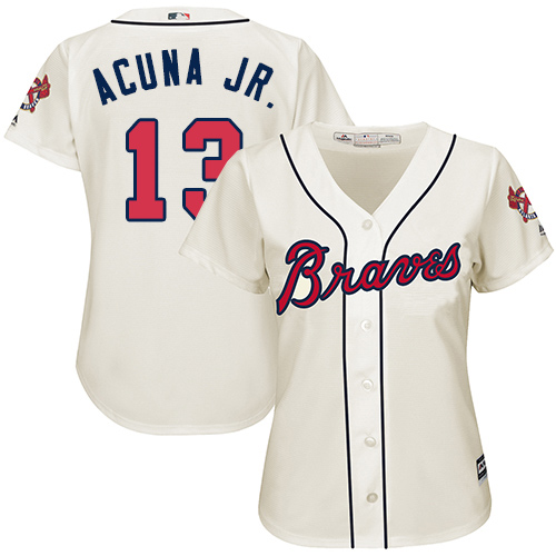 Personalized Braves #13 Ronald Acuna Jr. Cream Alternate Women’s Stitched Baseball Jersey