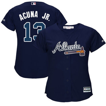 Personalized Braves #13 Ronald Acuna Jr. Navy Blue Alternate Women’s Stitched Baseball Jersey