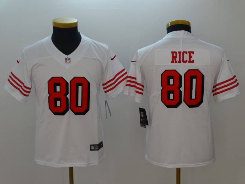 Personalized Youth 49ers 80 Jerry Rice White Youth Color Rush Untouchable Limited Jersey