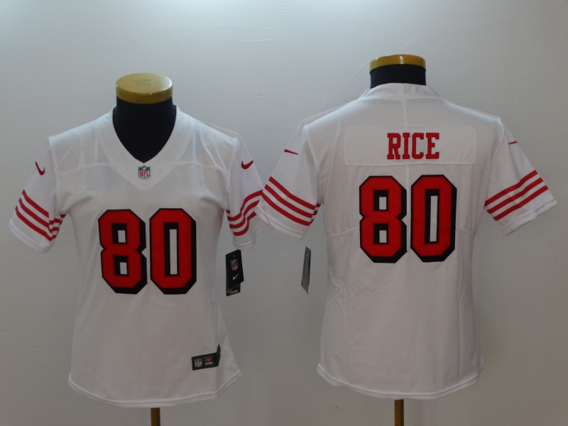 Personalized 49ers 80 Jerry Rice White Women Color Rush Untouchable Limited Jersey